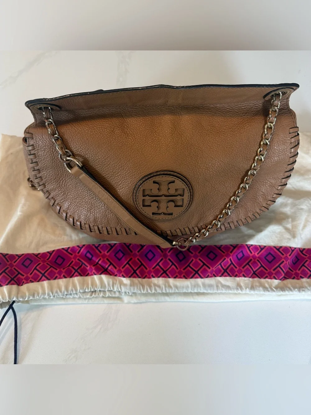 Tory Burch Brown Leather Whipstitch Shoulder Bag